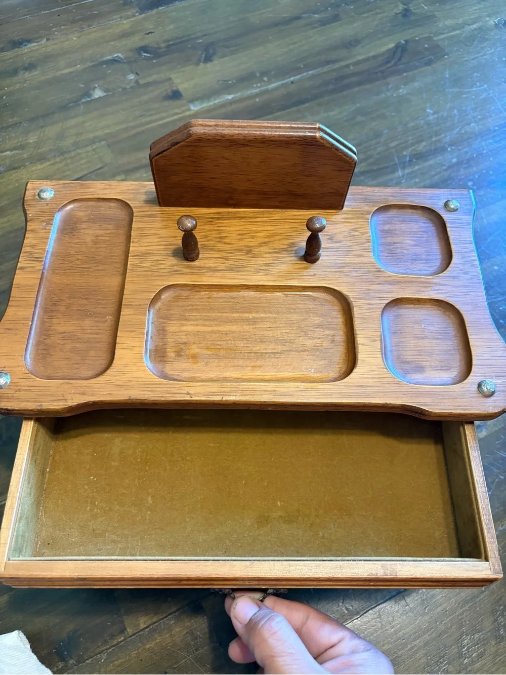 Vintage Valet Organizer Wood Caddy Mens Jewelry Box Velvet Drawers Catchall